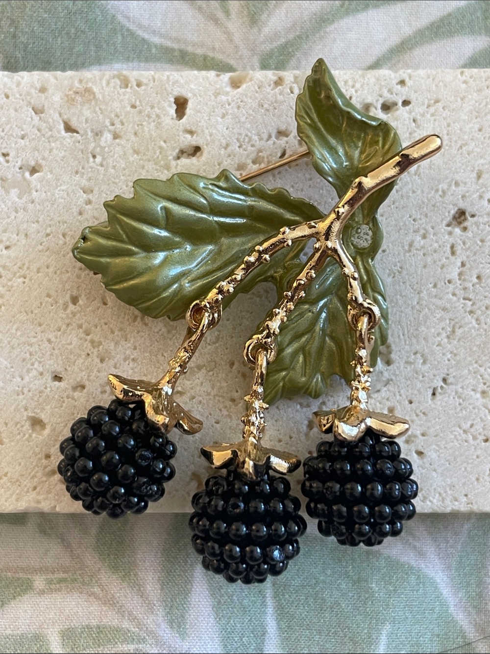 Green Leaf and Black Berry Cluster Brooch - Women Jewelry